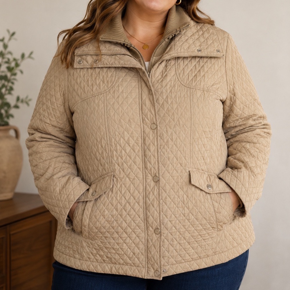Lane Bryant Quilted Jacket 18/20W Tan Double Zip Funnel Neck Barn Coat